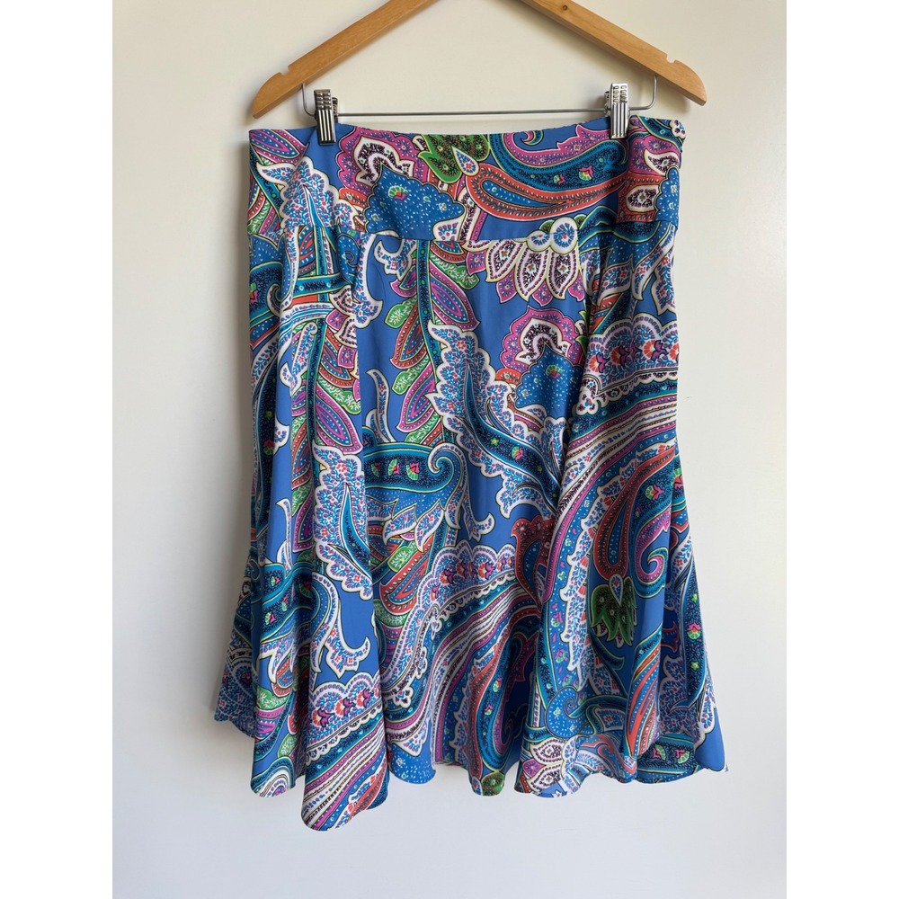 Ralph Lauren Paisley A-Line Skirt Blue Flowy Boho Preppy Midi 14 silky vibrant